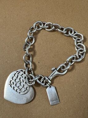 COACH Sterling Silver Double Heart 925 Bracelet with dog leash clasp 36 Grams